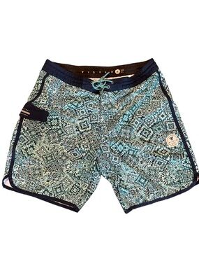 Vissla Mens Swim Surf Board Shorts Floral Teal Print Stretch Sz 34 8” Inseam